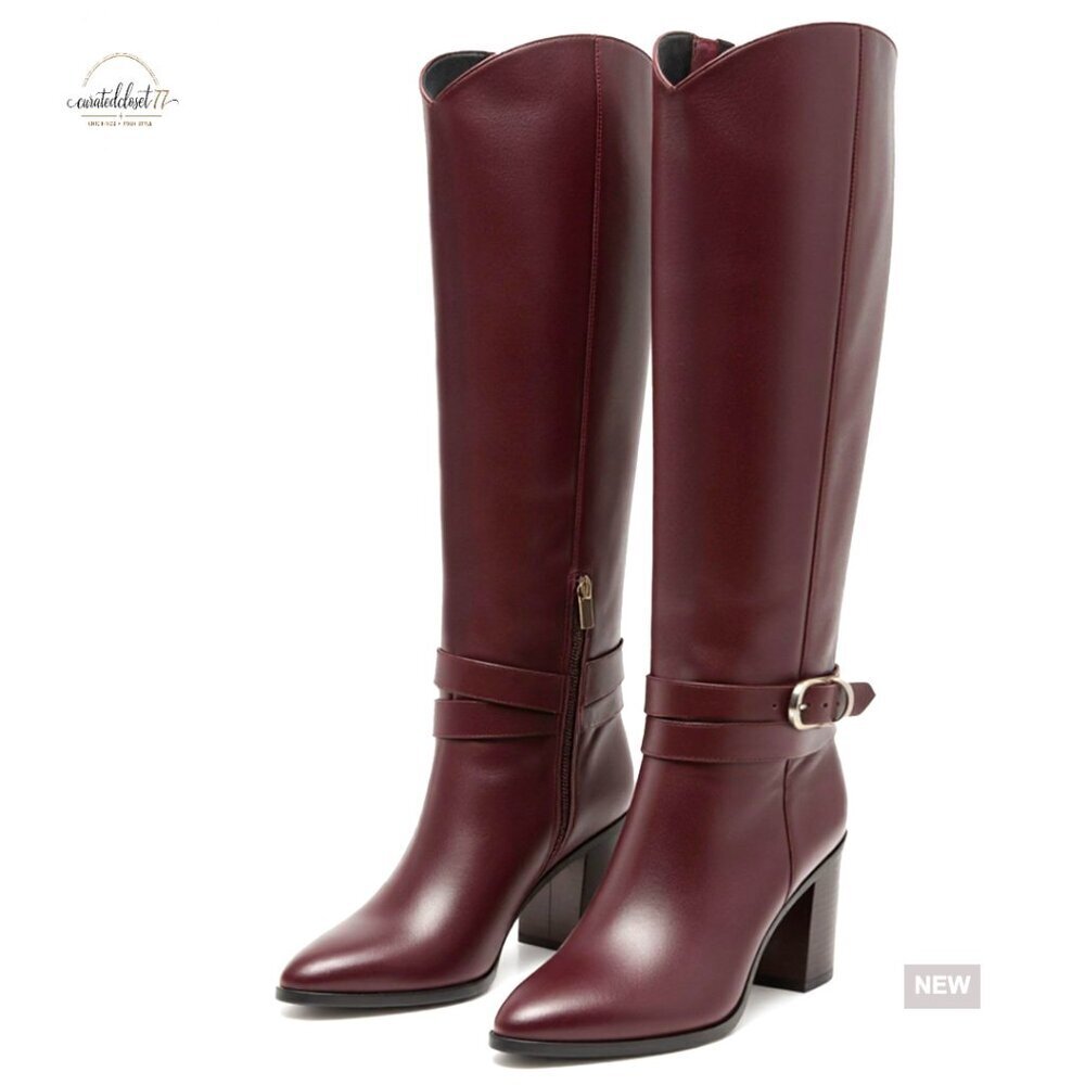 Pointed Toe Knee High Boots with Chunky Heel and Side Zipper
